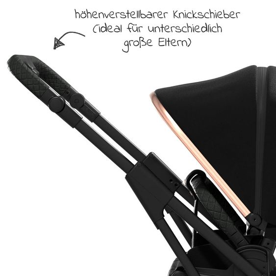 Moon 2in1 Kombi-Kinderwagen Rocca Edition mit Sportsitz, Babywanne & Matratze, Lufträder - bis 22 kg - Black Rose Gold