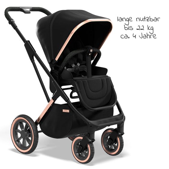 Moon 2in1 Kombi-Kinderwagen Rocca Edition mit Sportsitz, Babywanne & Matratze, Lufträder - bis 22 kg - Black Rose Gold