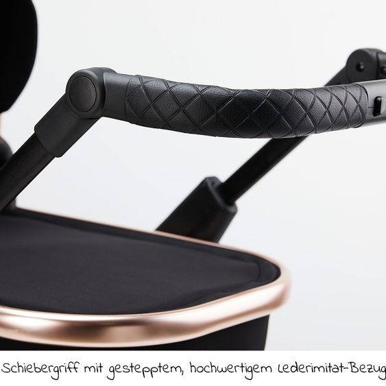 Moon 2in1 Kombi-Kinderwagen Rocca Edition mit Sportsitz, Babywanne & Matratze, Lufträder - bis 22 kg - Black Rose Gold