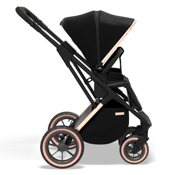 Moon 2in1 Kombi-Kinderwagen Rocca Edition mit Sportsitz, Babywanne & Matratze, Lufträder - bis 22 kg - Black Rose Gold