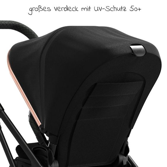 Moon 2in1 Kombi-Kinderwagen Rocca Edition mit Sportsitz, Babywanne & Matratze, Lufträder - bis 22 kg - Black Rose Gold