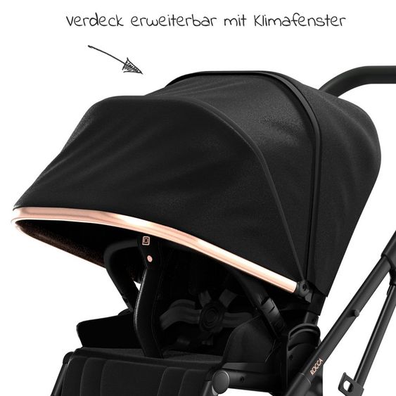 Moon 2in1 Kombi-Kinderwagen Rocca Edition mit Sportsitz, Babywanne & Matratze, Lufträder - bis 22 kg - Black Rose Gold