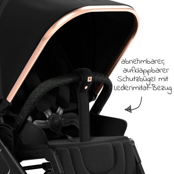 Moon 2in1 Kombi-Kinderwagen Rocca Edition mit Sportsitz, Babywanne & Matratze, Lufträder - bis 22 kg - Black Rose Gold