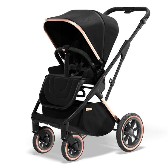 Moon 2in1 Kombi-Kinderwagen Rocca Edition mit Sportsitz, Babywanne & Matratze, Lufträder - bis 22 kg - Black Rose Gold