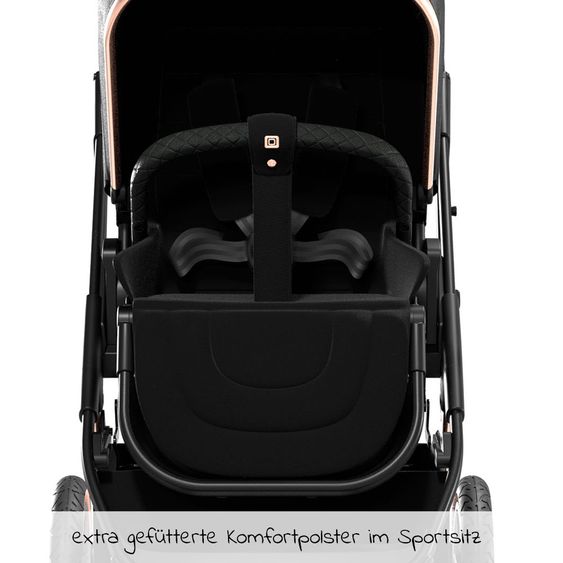 Moon 2in1 Kombi-Kinderwagen Rocca Edition mit Sportsitz, Babywanne & Matratze, Lufträder - bis 22 kg - Black Rose Gold