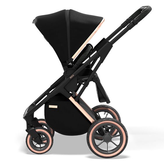 Moon 2in1 Kombi-Kinderwagen Rocca Edition mit Sportsitz, Babywanne & Matratze, Lufträder - bis 22 kg - Black Rose Gold