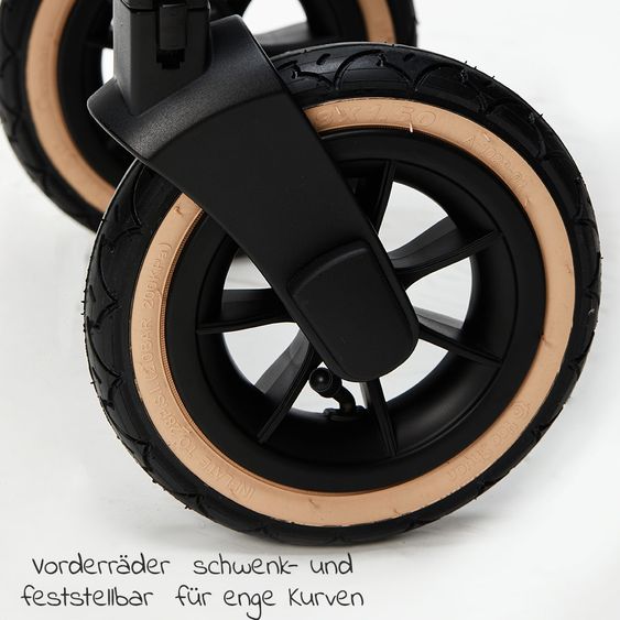 Moon 2in1 Kombi-Kinderwagen Rocca Edition mit Sportsitz, Babywanne & Matratze, Lufträder - bis 22 kg - Black Rose Gold