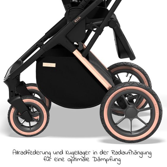 Moon 2in1 Kombi-Kinderwagen Rocca Edition mit Sportsitz, Babywanne & Matratze, Lufträder - bis 22 kg - Black Rose Gold