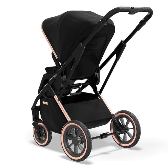 Moon 2in1 Kombi-Kinderwagen Rocca Edition mit Sportsitz, Babywanne & Matratze, Lufträder - bis 22 kg - Black Rose Gold