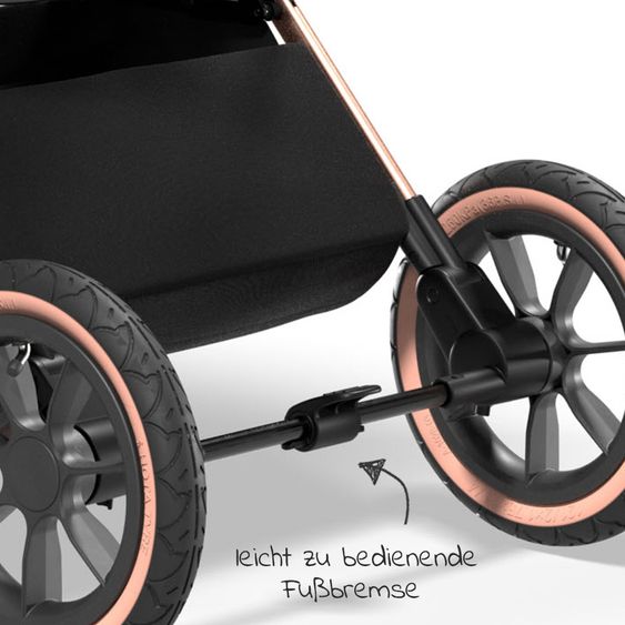 Moon 2in1 Kombi-Kinderwagen Rocca Edition mit Sportsitz, Babywanne & Matratze, Lufträder - bis 22 kg - Black Rose Gold