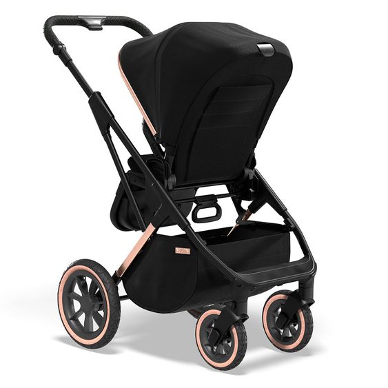 Moon 2in1 Kombi-Kinderwagen Rocca Edition mit Sportsitz, Babywanne & Matratze, Lufträder - bis 22 kg - Black Rose Gold