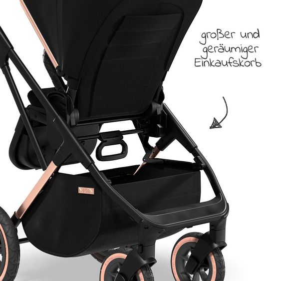 Moon 2in1 Kombi-Kinderwagen Rocca Edition mit Sportsitz, Babywanne & Matratze, Lufträder - bis 22 kg - Black Rose Gold