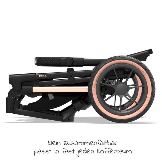 Moon 2in1 Kombi-Kinderwagen Rocca Edition mit Sportsitz, Babywanne & Matratze, Lufträder - bis 22 kg - Black Rose Gold