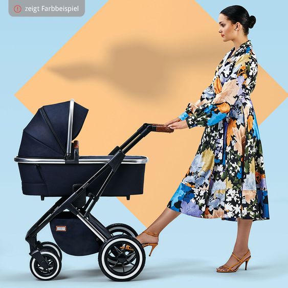 Moon 2in1 Kombi-Kinderwagen Rocca Edition mit Sportsitz, Babywanne & Matratze, Lufträder - bis 22 kg - Black Rose Gold