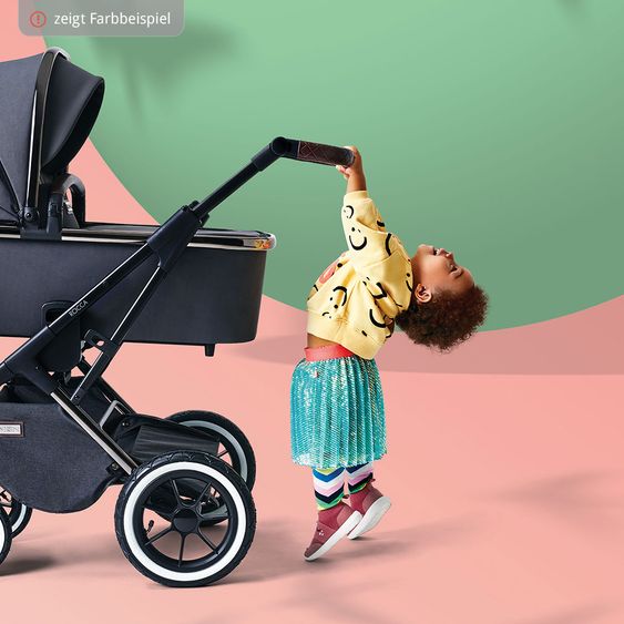 Moon 2in1 Kombi-Kinderwagen Rocca Edition mit Sportsitz, Babywanne & Matratze, Lufträder - bis 22 kg - Black Rose Gold