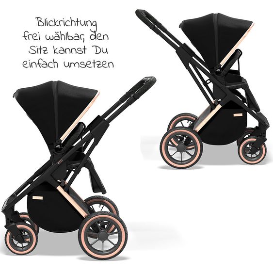 Moon 2in1 Kombi-Kinderwagen Rocca Edition mit Sportsitz, Babywanne & Matratze, Lufträder - bis 22 kg - Black Rose Gold