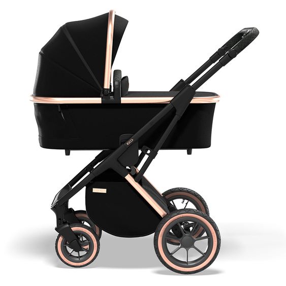 Moon 2in1 Kombi-Kinderwagen Rocca Edition mit Sportsitz, Babywanne & Matratze, Lufträder - bis 22 kg - Black Rose Gold