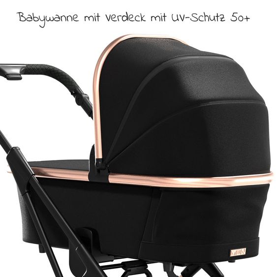 Moon 2in1 Kombi-Kinderwagen Rocca Edition mit Sportsitz, Babywanne & Matratze, Lufträder - bis 22 kg - Black Rose Gold