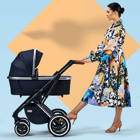Moon 2in1 Kombi-Kinderwagen Rocca Edition mit Sportsitz, Babywanne &  Matratze, Lufträder - bis 22 kg - Navy Silver Polish