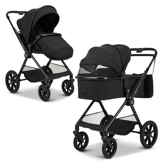 Moon 2in1 Kombi-Kinderwagen-Set Clicc bis 22 kg belastbar - umsetzbare Sitzeinheit, Babywanne, Teleskopschieber, Wickeltasche, Fußsack & Zubehör - Black Melange