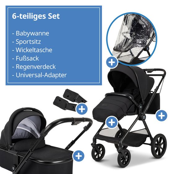 Moon 2in1 Kombi-Kinderwagen-Set Clicc bis 22 kg belastbar - umsetzbare Sitzeinheit, Babywanne, Teleskopschieber, Wickeltasche, Fußsack & Zubehör - Black Melange