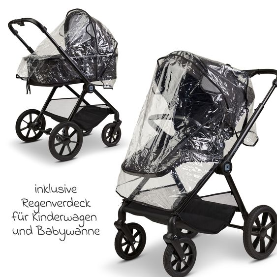 Moon 2in1 Kombi-Kinderwagen-Set Clicc bis 22 kg belastbar - umsetzbare Sitzeinheit, Babywanne, Teleskopschieber, Wickeltasche, Fußsack & Zubehör - Black Melange