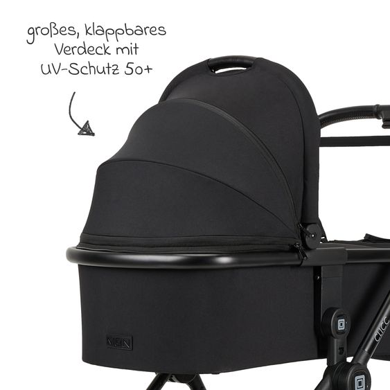 Moon 2in1 Kombi-Kinderwagen-Set Clicc bis 22 kg belastbar - umsetzbare Sitzeinheit, Babywanne, Teleskopschieber, Wickeltasche, Fußsack & Zubehör - Black Melange