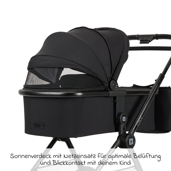 Moon 2in1 Kombi-Kinderwagen-Set Clicc bis 22 kg belastbar - umsetzbare Sitzeinheit, Babywanne, Teleskopschieber, Wickeltasche, Fußsack & Zubehör - Black Melange