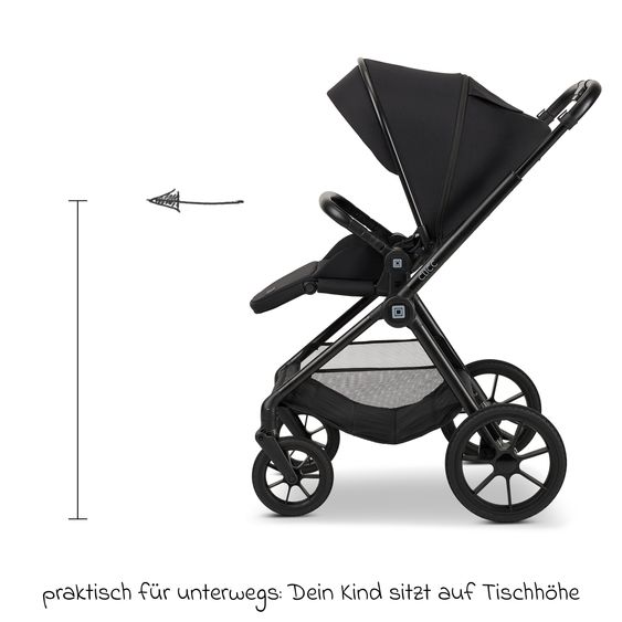 Moon 2in1 Kombi-Kinderwagen-Set Clicc bis 22 kg belastbar - umsetzbare Sitzeinheit, Babywanne, Teleskopschieber, Wickeltasche, Fußsack & Zubehör - Black Melange
