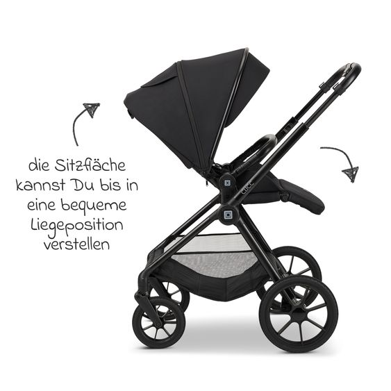 Moon 2in1 Kombi-Kinderwagen-Set Clicc bis 22 kg belastbar - umsetzbare Sitzeinheit, Babywanne, Teleskopschieber, Wickeltasche, Fußsack & Zubehör - Black Melange