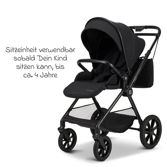 Moon 2in1 Kombi-Kinderwagen-Set Clicc bis 22 kg belastbar - umsetzbare Sitzeinheit, Babywanne, Teleskopschieber, Wickeltasche, Fußsack & Zubehör - Black Melange
