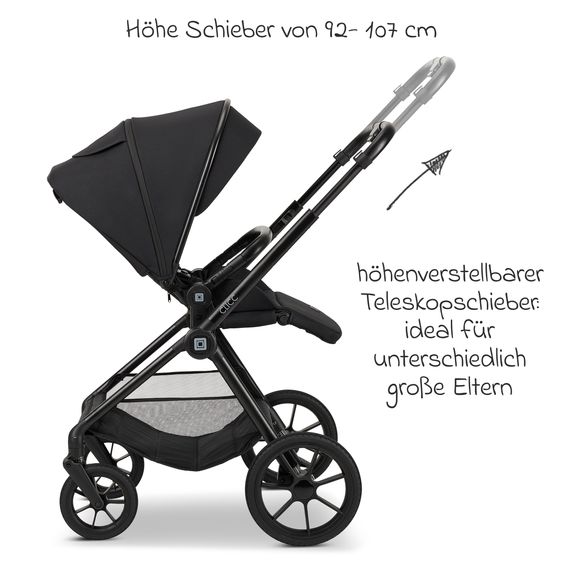 Moon 2in1 Kombi-Kinderwagen-Set Clicc bis 22 kg belastbar - umsetzbare Sitzeinheit, Babywanne, Teleskopschieber, Wickeltasche, Fußsack & Zubehör - Black Melange