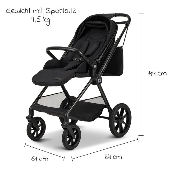 Moon 2in1 Kombi-Kinderwagen-Set Clicc bis 22 kg belastbar - umsetzbare Sitzeinheit, Babywanne, Teleskopschieber, Wickeltasche, Fußsack & Zubehör - Black Melange