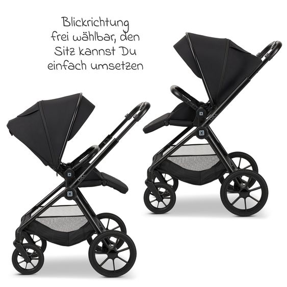 Moon 2in1 Kombi-Kinderwagen-Set Clicc bis 22 kg belastbar - umsetzbare Sitzeinheit, Babywanne, Teleskopschieber, Wickeltasche, Fußsack & Zubehör - Black Melange