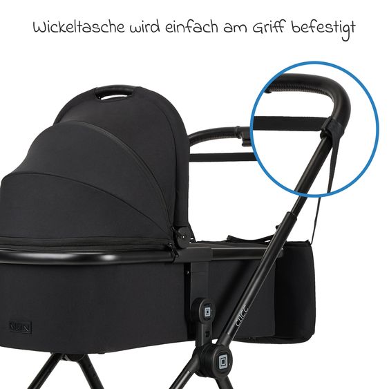Moon 2in1 Kombi-Kinderwagen-Set Clicc bis 22 kg belastbar - umsetzbare Sitzeinheit, Babywanne, Teleskopschieber, Wickeltasche, Fußsack & Zubehör - Black Melange