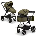 2in1 Clicc baby carriage set with a load capacity of up to 22 kg - convertible seat unit, carrycot, telescopic pushchair, changing bag, footmuff & accessories - Moss Green Melange