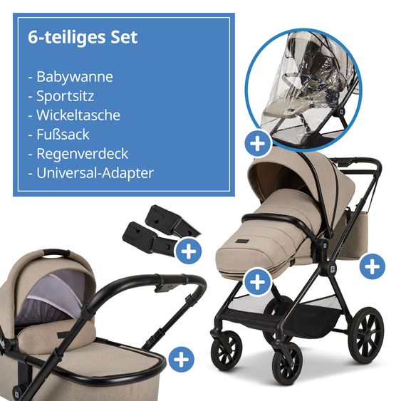 Moon 2in1 Kombi-Kinderwagen-Set Clicc bis 22 kg belastbar - umsetzbare Sitzeinheit, Babywanne, Teleskopschieber, Wickeltasche, Fußsack & Zubehör - Mud Melange