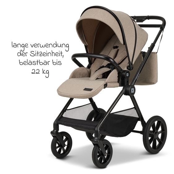 Moon 2in1 Kombi-Kinderwagen-Set Clicc bis 22 kg belastbar - umsetzbare Sitzeinheit, Babywanne, Teleskopschieber, Wickeltasche, Fußsack & Zubehör - Mud Melange
