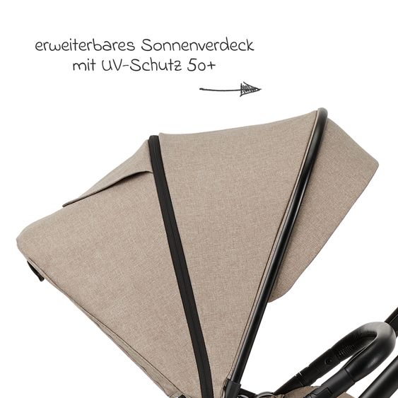 Moon 2in1 Kombi-Kinderwagen-Set Clicc bis 22 kg belastbar - umsetzbare Sitzeinheit, Babywanne, Teleskopschieber, Wickeltasche, Fußsack & Zubehör - Mud Melange