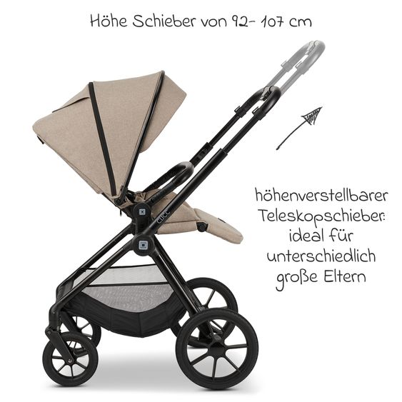 Moon 2in1 Kombi-Kinderwagen-Set Clicc bis 22 kg belastbar - umsetzbare Sitzeinheit, Babywanne, Teleskopschieber, Wickeltasche, Fußsack & Zubehör - Mud Melange