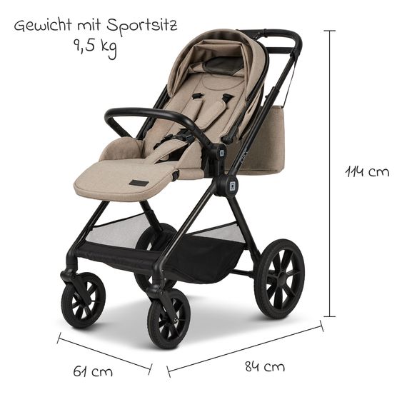 Moon 2in1 Kombi-Kinderwagen-Set Clicc bis 22 kg belastbar - umsetzbare Sitzeinheit, Babywanne, Teleskopschieber, Wickeltasche, Fußsack & Zubehör - Mud Melange