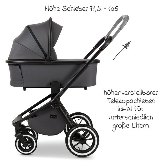 Moon 2in1 Kombi-Kinderwagen Resea+ bis 22 kg belastbar - Luftreifen, umsetzbare Sitzeinheit, Babywanne &Teleskopschieber, - Edition - Anthrazit