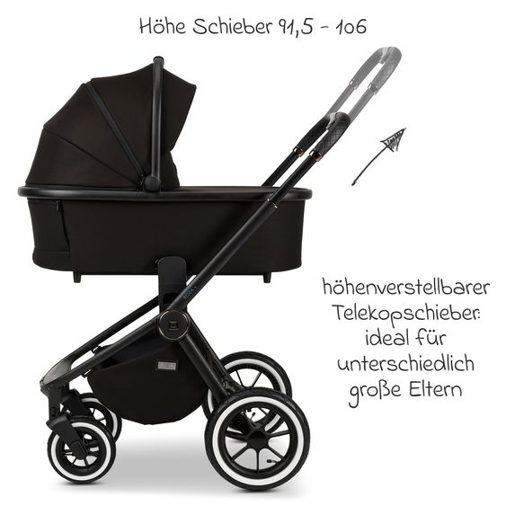 Moon 2in1 Kombi-Kinderwagen Resea+ bis 22 kg belastbar - Luftreifen, umsetzbare Sitzeinheit, Babywanne &Teleskopschieber, - Edition - Black