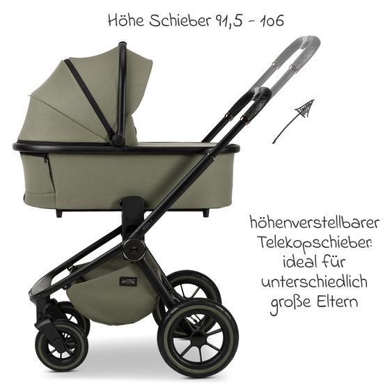 Moon 2in1 Kombi-Kinderwagen Resea+ bis 22 kg belastbar - Luftreifen, umsetzbare Sitzeinheit, Babywanne &Teleskopschieber, - Edition - Moss Green