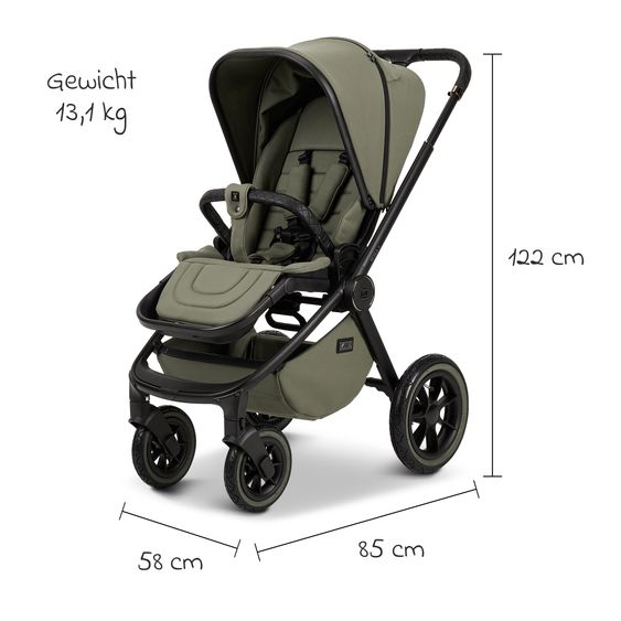 Moon 2in1 Kombi-Kinderwagen Resea+ bis 22 kg belastbar - Luftreifen, umsetzbare Sitzeinheit, Babywanne &Teleskopschieber, - Edition - Moss Green