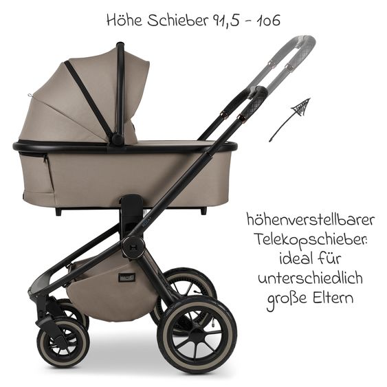 Moon 2in1 Kombi-Kinderwagen Resea + bis 22 kg belastbar - Luftreifen, umsetzbare Sitzeinheit, Babywanne &Teleskopschieber, - Edition - Mud