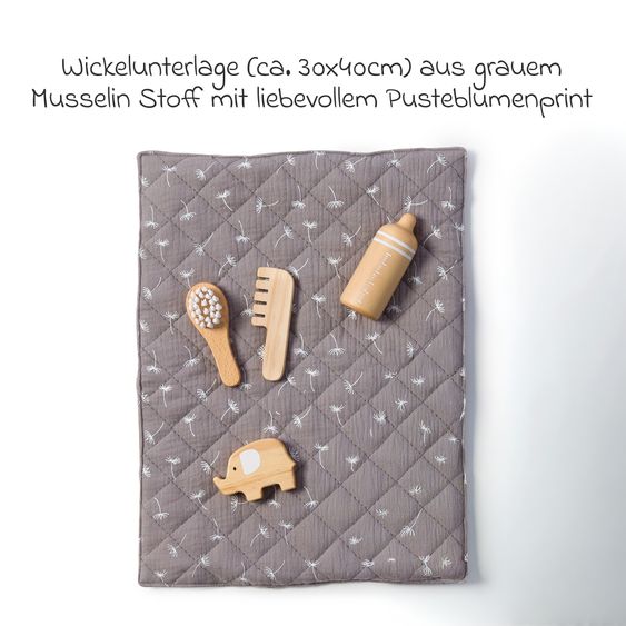 MUSTERKIND 10-tlg. Puppen Pflege &F ütter-Set Viola mit Wickelunterlage, Trinkflasche, Teller, Kamm, Bürste, Tube, Duschgel & Beutel - Natur / Weiß / Grau