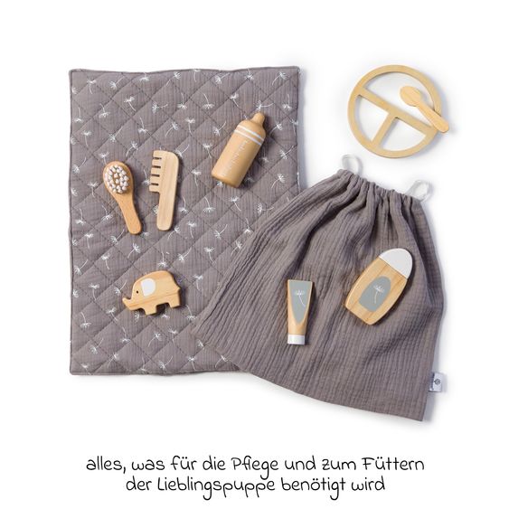 MUSTERKIND 10-tlg. Puppen Pflege &F ütter-Set Viola mit Wickelunterlage, Trinkflasche, Teller, Kamm, Bürste, Tube, Duschgel & Beutel - Natur / Weiß / Grau