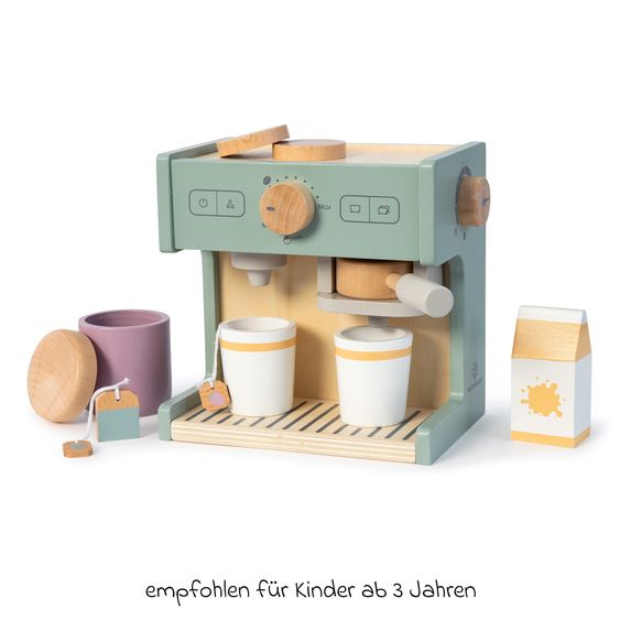 MUSTERKIND 12-tlg. Kaffeemaschine Coffea mit Kaffee-Pads, Becher, Teebeutel, Milchpackung, & Keksdose mit Keks - Salbei / Natur