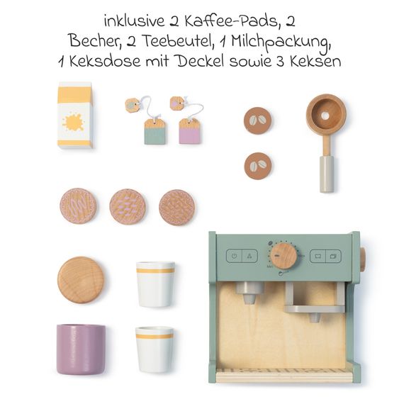 MUSTERKIND 12-tlg. Kaffeemaschine Coffea mit Kaffee-Pads, Becher, Teebeutel, Milchpackung, & Keksdose mit Keks - Salbei / Natur